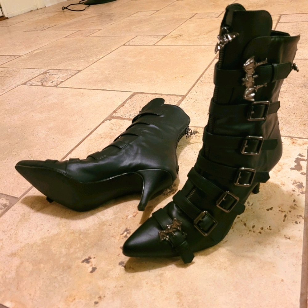 Demonia Bat Buckle Heeled Black Ankle Boots